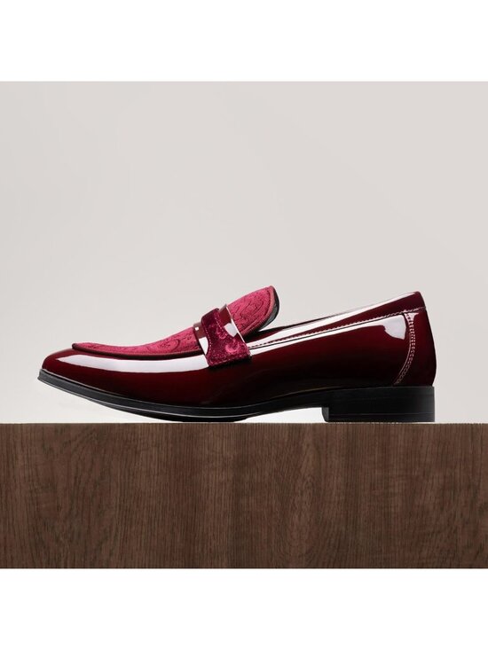Men\'s Burgundy Tuxedo Patent Loafers Classic Velvet Slip-on Dress Shoes